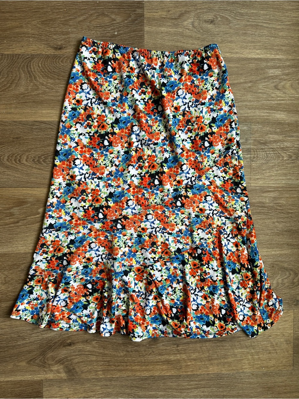 Kim Rogers Petite Floral Ruffle Midi Skirt Size PS Elastic Waist Colorful